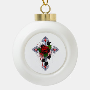 Boule En Céramique Croix d'argent avec une rose rouge