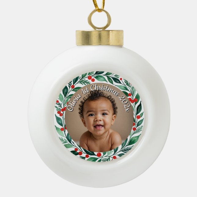 Boule En Céramique custom photo christmas holly  ceramic ornament (Devant)