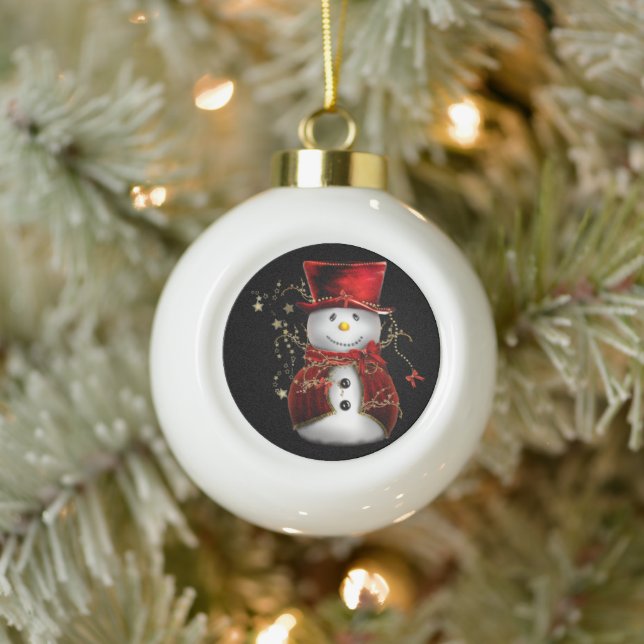 Boule En Céramique Cute bonhomme de neige en Velours rouge Noël (Arbre)