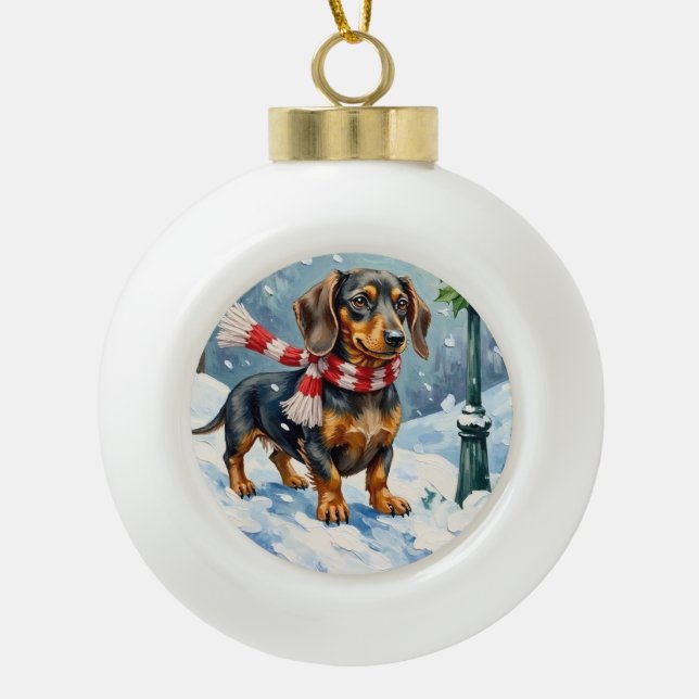 Boule En Céramique Cute Dachshund Puppy Cozy Winter Scarf Art (Devant)