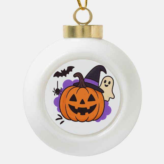 Boule En Céramique Cute Halloween Pumpkin with Witch Hat – Ghost & Ba (Devant)