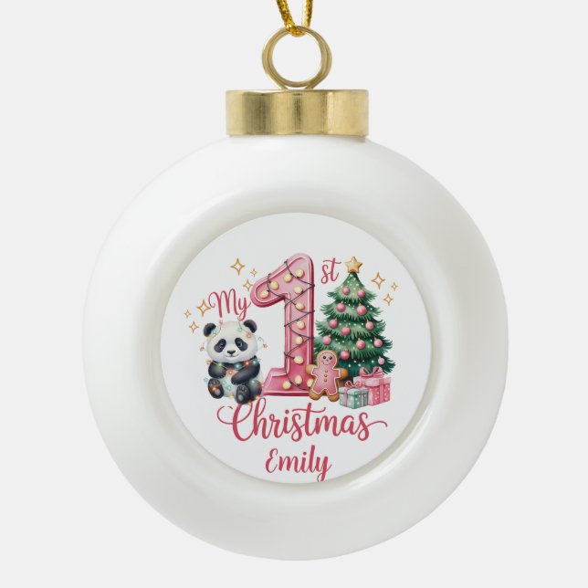 Boule En Céramique Cute Panda Pink My First Christmas Personalize  (Devant)