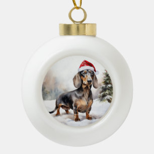 Boule En Céramique Dachshund Chien dans la neige Noël