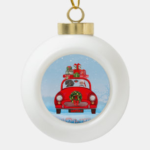 Boule En Céramique Dachshund dans une voiture avec le Père Noël