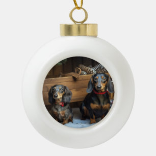 Boule En Céramique Dachshund Snowy Traîneau Décor Noël