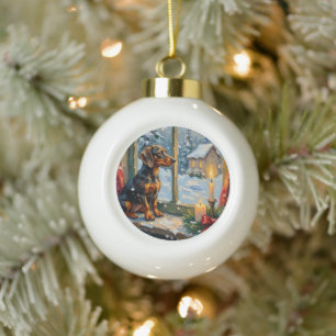 Boule En Céramique Dachshund vintage devant une fenêtre de Noël cosy