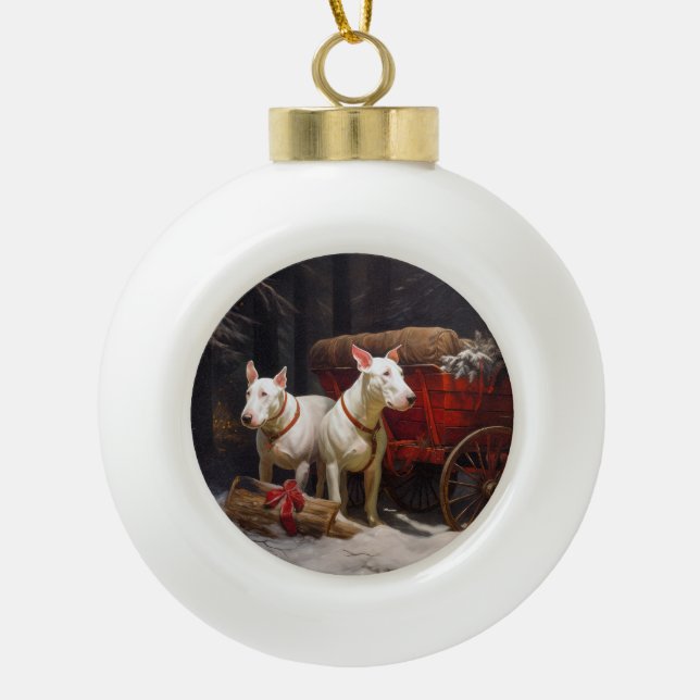 Boule En Céramique Décor de Noël Bull Terrier Snowy Sleigh (Devant)