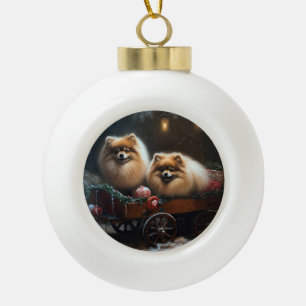 Boule En Céramique Décor de Noël Chariot de Neige Poméranien