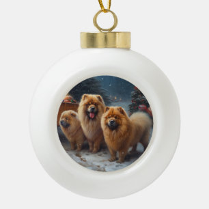 Boule En Céramique Décor de Noël Chow Chow Snowy Sleigh