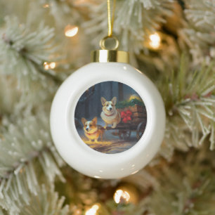 Boule En Céramique Décor de Noël Corgi Snowy Sleigh