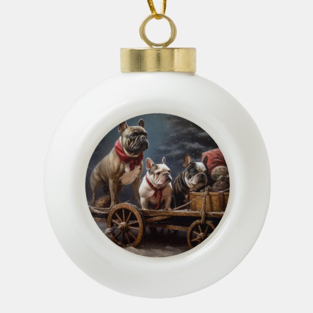 Boule En Céramique Décor de Noël de Bulldog Snowy Sleigh (Devant)