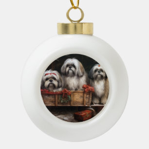 Boule En Céramique Décor de Noël Lhasa Apso Snowy Sleigh