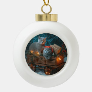 Boule En Céramique Décor de Noël russe Blue Cat Snowy Sleigh