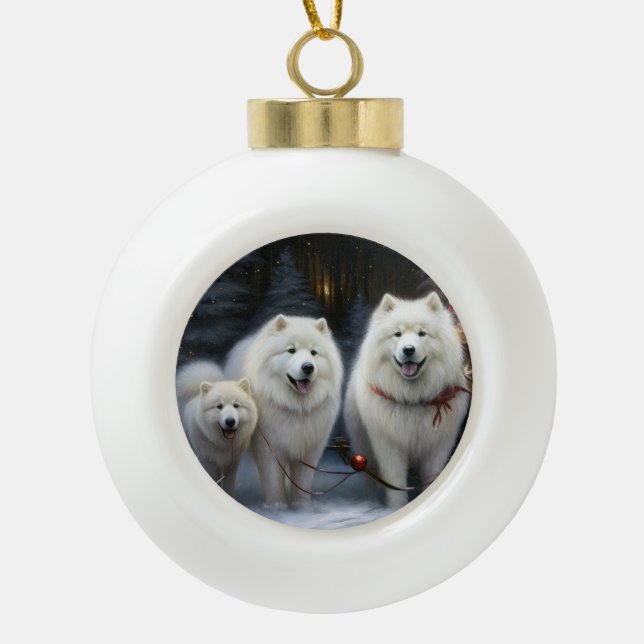 Boule En Céramique Décor de Noël Samoyed enneigé (Devant)