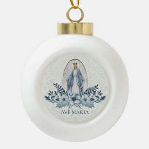 Boule En Céramique Dentelle bleue bénie de fleurs de Vierge Marie