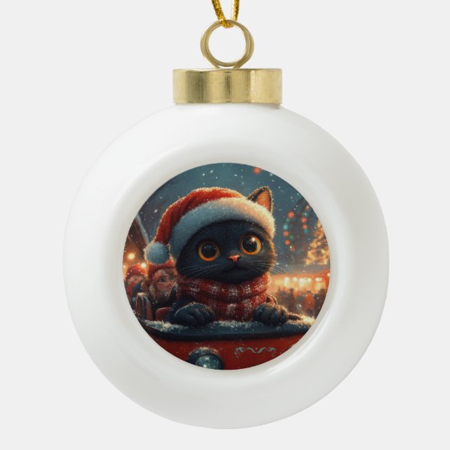 Boule En Céramique Dessous de verre noir à rouleaux de chat Noël (Devant)