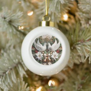 Boule En Céramique Doves paisibles Poinsettias Noël élégant
