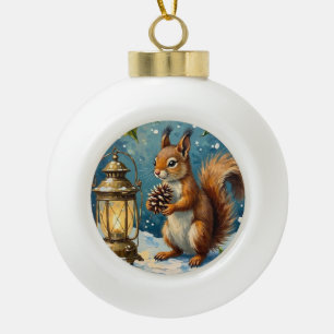 Boule En Céramique Écureuil vintage avec lanterne de Noël en hiver