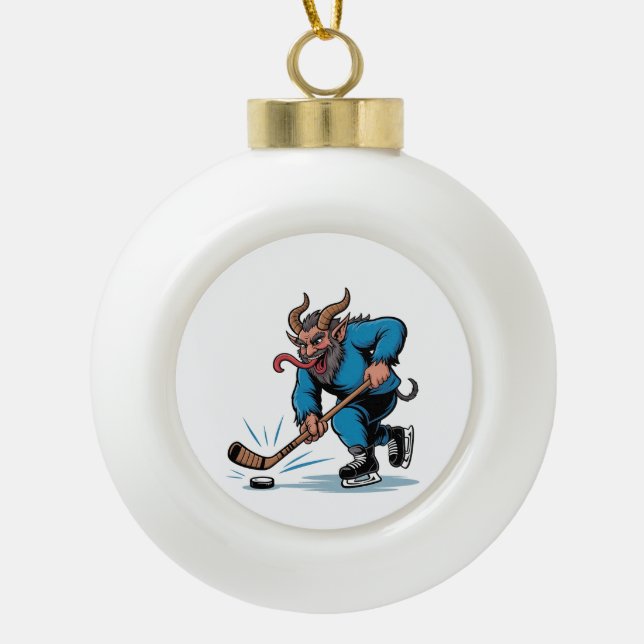 Boule En Céramique Éffrayant Krampus Jouer au hockey sur glace Noël (Devant)