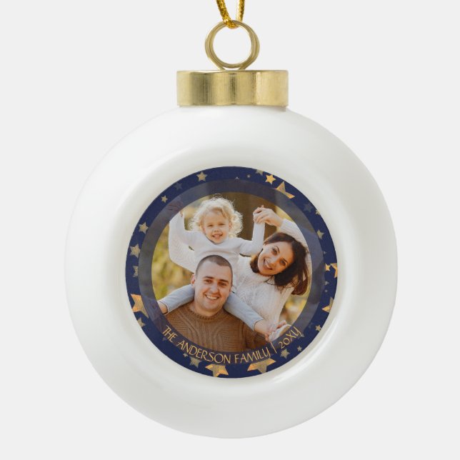 Boule En Céramique Family Photo Blue Gold Star Elegant Holiday (Devant)