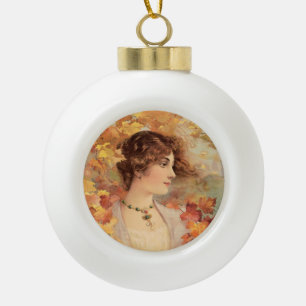Boule En Céramique Femme d'automne Art Nouveau Imprimé de feuillage d