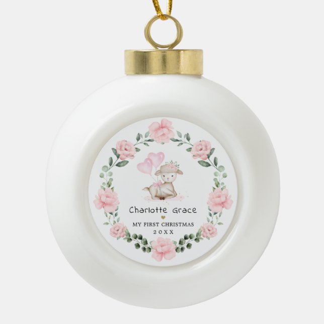 Boule En Céramique Fille Agneau Blush Flower Wreath Baby 1er Noël (Devant)