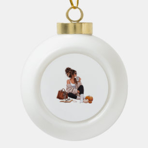 Boule En Céramique Fille au café automnal cosy Art esthétique d'autom