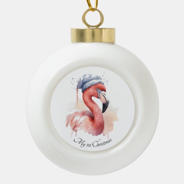 Boule En Céramique Flamant rose père Noël Snowbird, personnalisé (Devant)