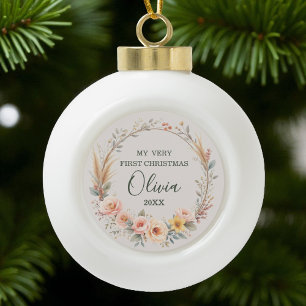 Boule En Céramique Fleur sauvage Boho Baby First Christmas Personnali