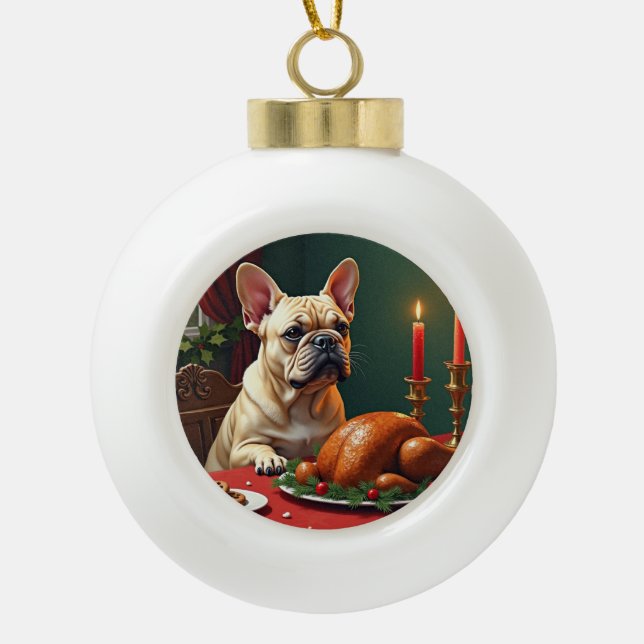 Boule En Céramique French Bulldog Christmas Eve Feast Painting (Devant)