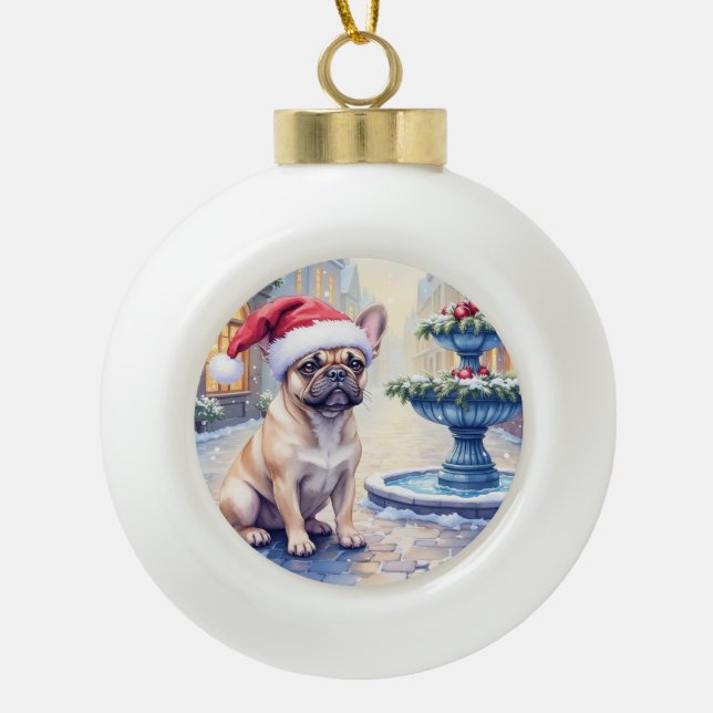 Boule En Céramique French Bulldog Snowy Town Fountain Santa Christmas (Devant)