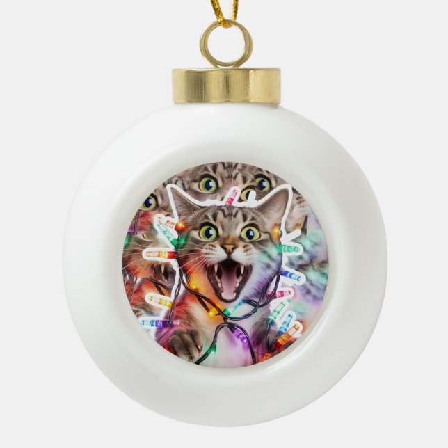 Boule En Céramique Funny Cat in Lights Holiday (Devant)