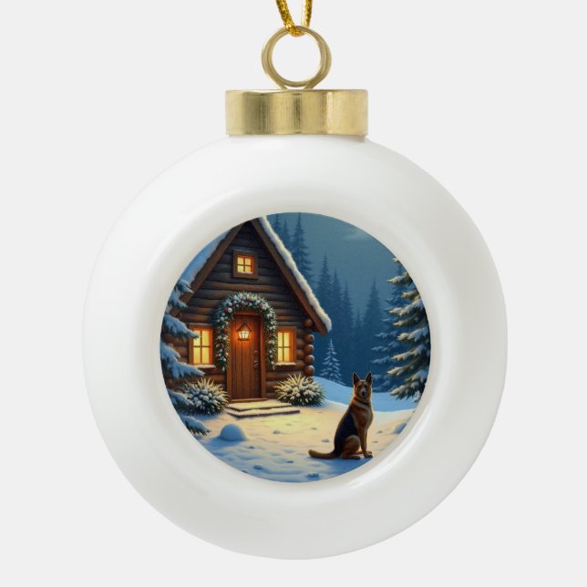 Boule En Céramique German Shepherd Snowy Forest Cabin Christmas Paint (Devant)