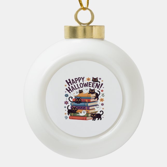 Boule En Céramique Ghost Cat Lecture Livres Lover Cadeaux Halloween S (Devant)