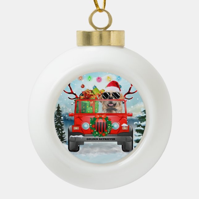 Boule En Céramique Golden Retriever chien avec cadeaux de Noël (Devant)