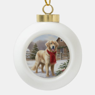 Boule En Céramique Golden Retriever Dog in Snow Christmas