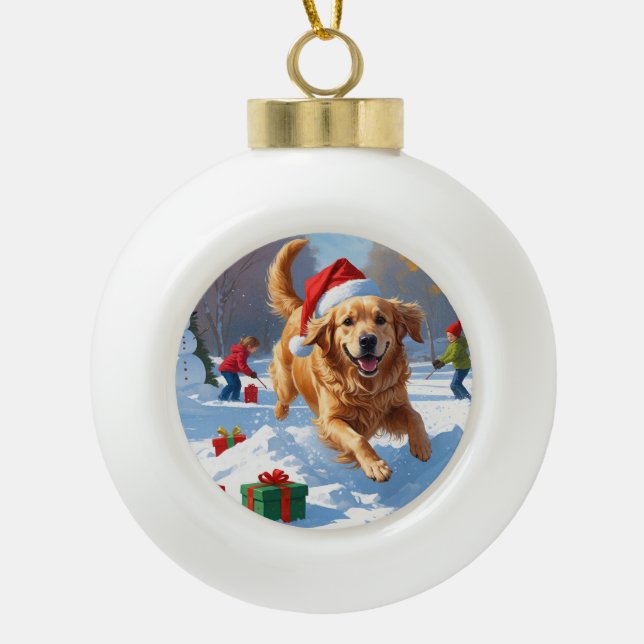 Boule En Céramique Golden Retriever en neige avec Casquette de Noël (Devant)