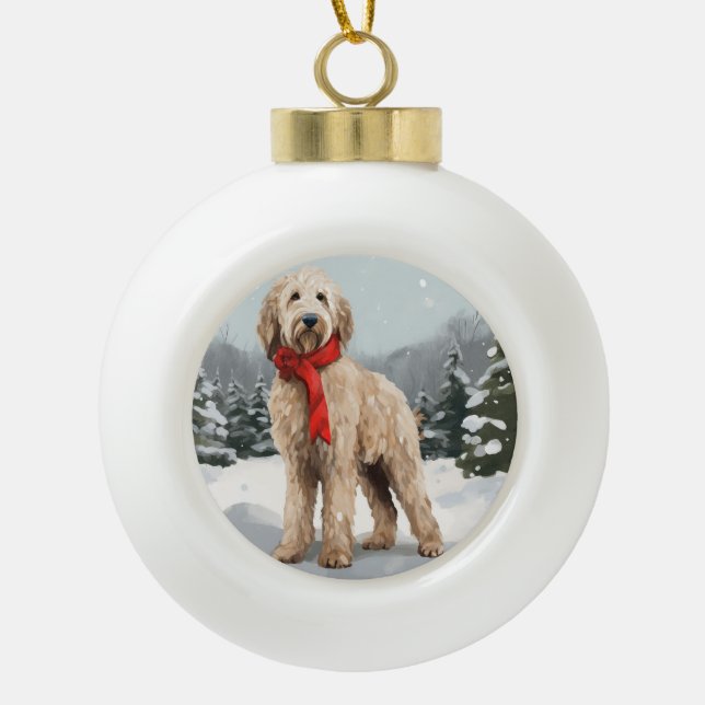 Boule En Céramique Goldendoodle Chien dans Noël de neige (Devant)