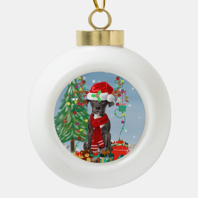 Boule En Céramique Grand chien Danois avec cadeaux de Noël (Devant)