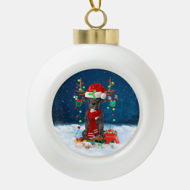 Boule En Céramique Grand chien Danois avec cadeaux de Noël (Devant)