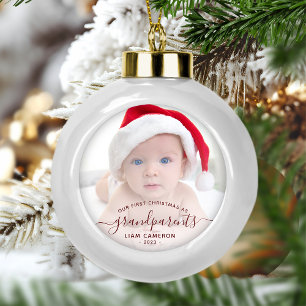 Boule En Céramique Grand-parents First Christmas Photo Red Script