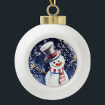 Boule En Céramique Happy Snowman Art<br><div class="desc">Couleur d'eau traditionnelle de Noël d'un bonhomme de neige heureux sur un ornement décoratif mignon.</div>