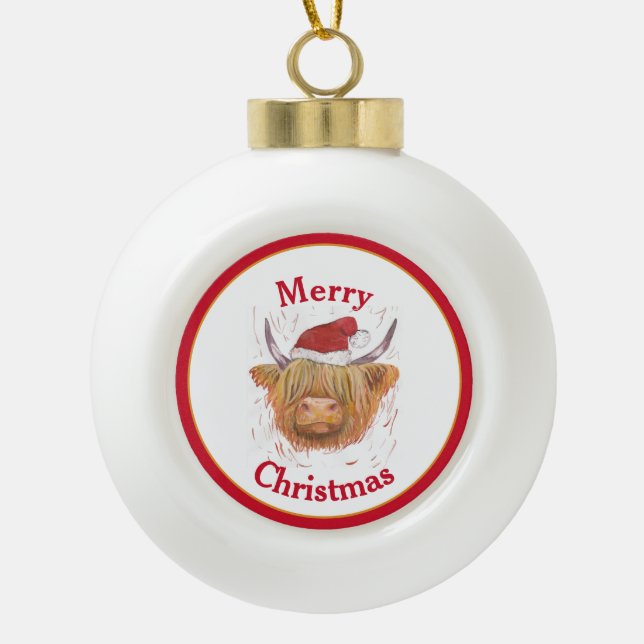 Boule En Céramique Highland Cow Casquette Red Frame Joyeux Noël (Devant)