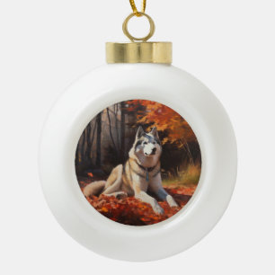 Boule En Céramique Husky sibérien en automne, feuilles tombées inspir