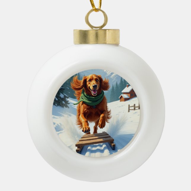Boule En Céramique Irish Setter Sledding Adventure Christmas Painting (Devant)