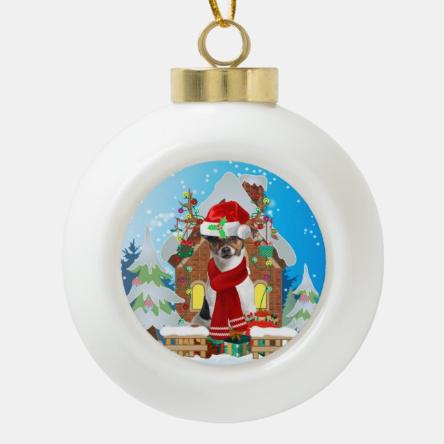 Boule En Céramique Jack Russell chien avec cadeaux de Noël (Devant)