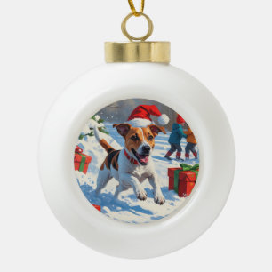 Boule En Céramique Jack Russell courant dans la neige avec un chapeau