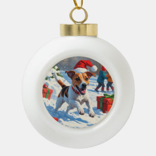 Boule En Céramique Jack Russell courant dans la neige avec un chapeau