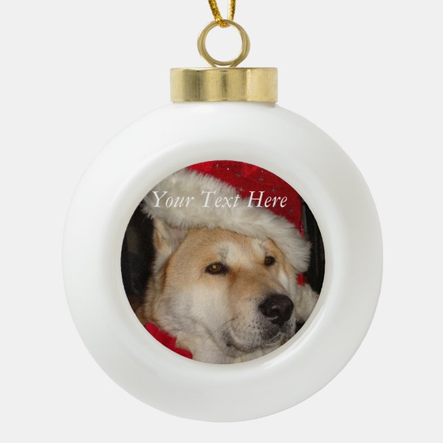 Boule En Céramique joli chien akita portant chapeau santa rouge noël (Devant)