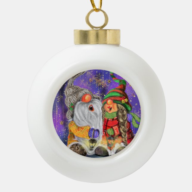 Boule En Céramique Joyeux couple Gnome Noël Ornament (Devant)